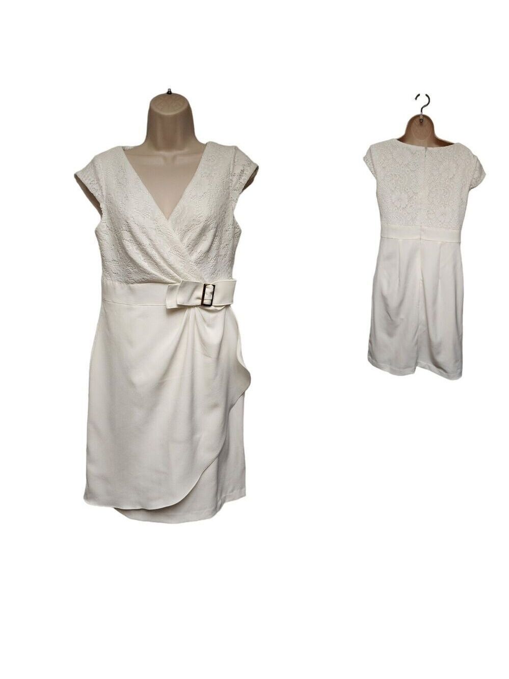 STUDIO ONE Off-White V-Neck Sleeveless Faux Wrap Sheath Dress Size 8